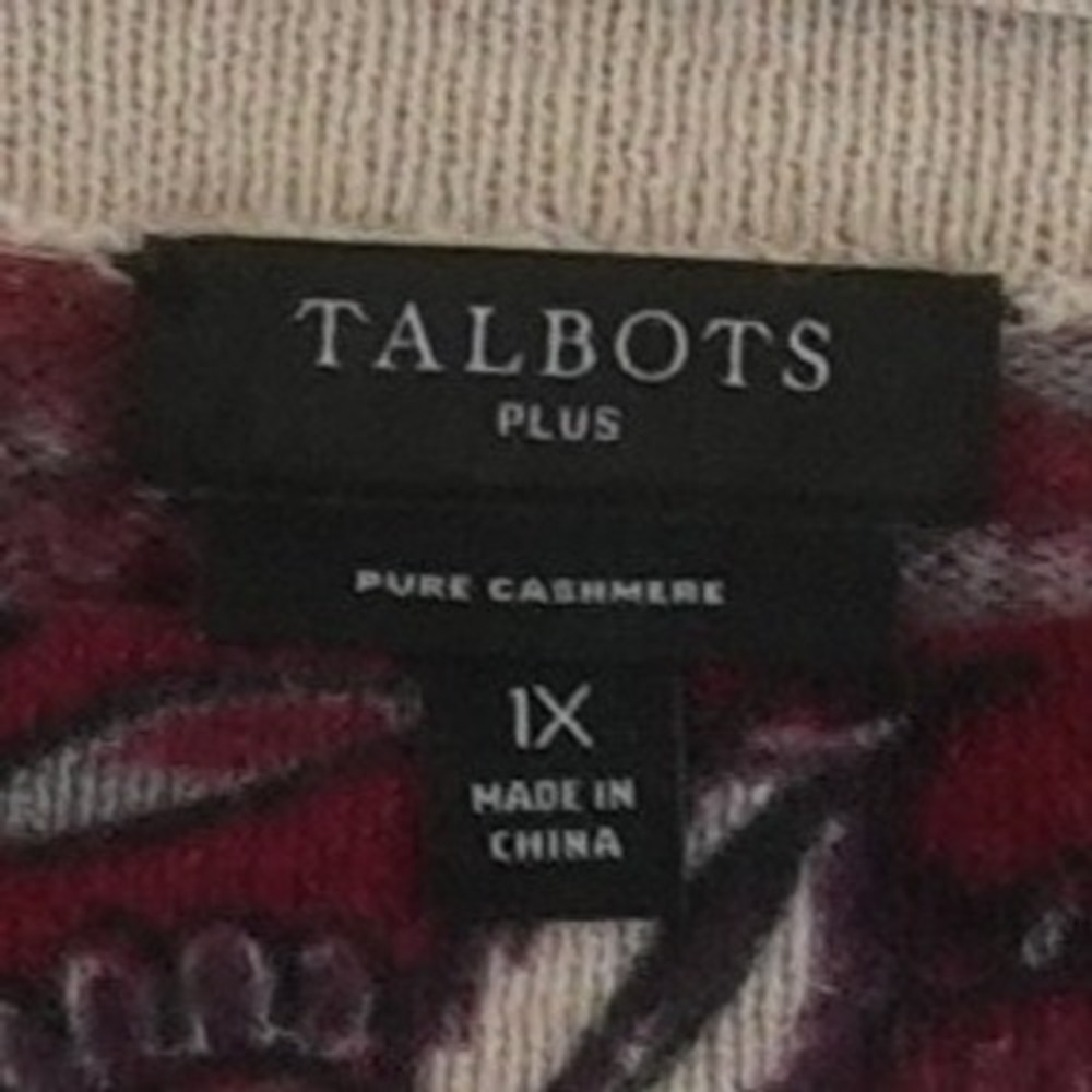 Talbots Pure Cashmere Sweater Women's Size 1X Burgundy Floral 3/4 Sleeve Crew - Picture 4 of 7